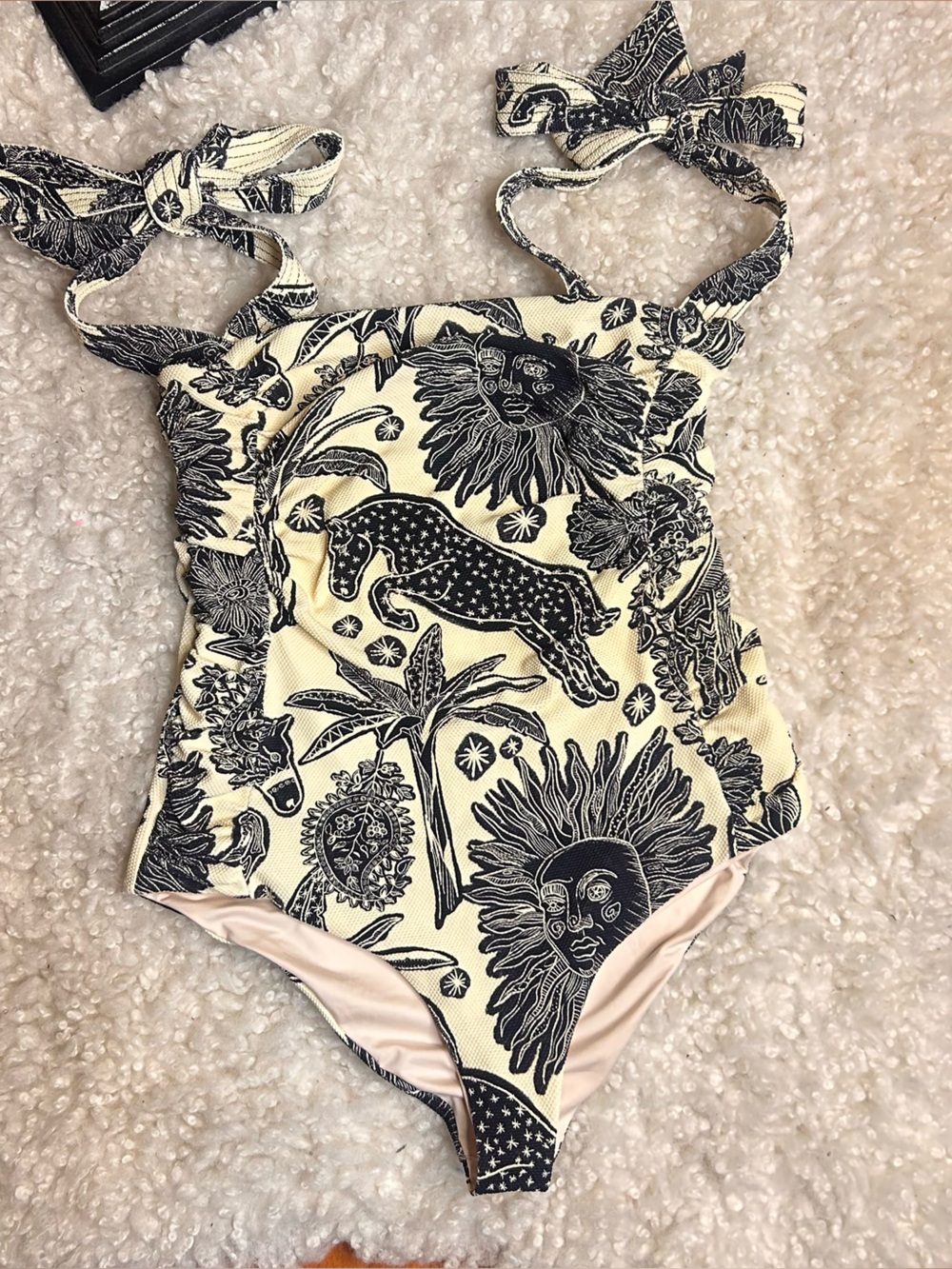 Johanna Ortiz black and cream ruched swimsuit size large NWOT